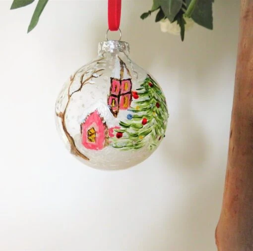 Glass Christmas Bauble, Large 'church At Christmas' Hand Painted Bauble
