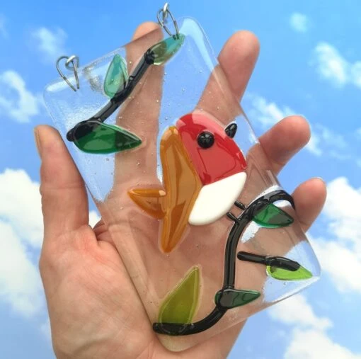 Handmade Fused Glass Robin Hanging Decoration - Christmas Bird Ornament -Christmas Homeware & Accessories Shop featureditemlargei 2091