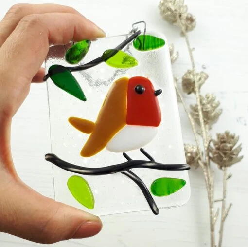 Handmade Fused Glass Robin Hanging Decoration - Christmas Bird Ornament -Christmas Homeware & Accessories Shop featureditemlargei 2092