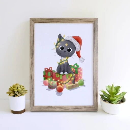Christmas Cat Art Print Christmas Decor Artwork