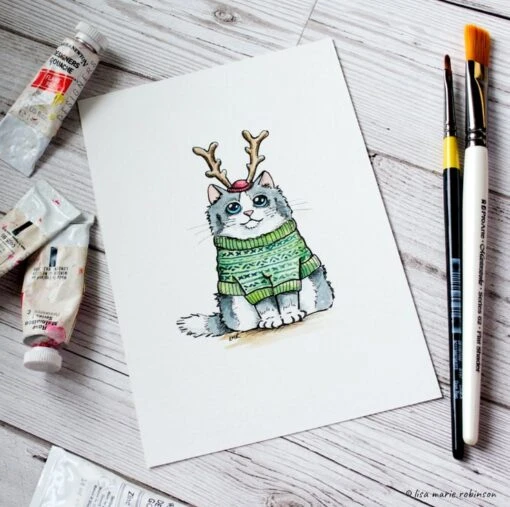 Feline Festive Cat Illustration Watercolour And Ink - Green Christmas Jumper