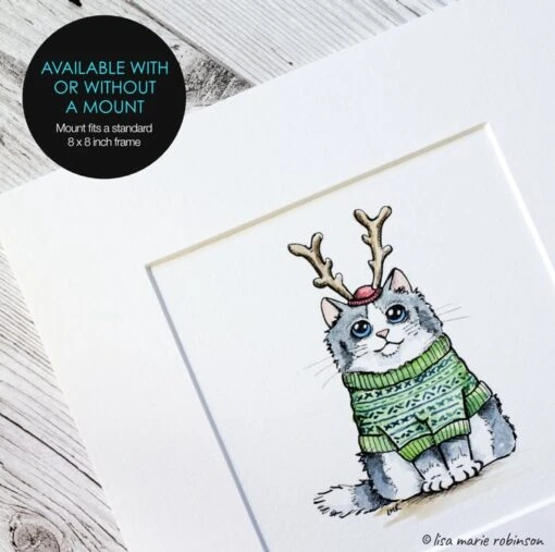 Feline Festive Cat Illustration Watercolour And Ink - Green Christmas Jumper -Christmas Homeware & Accessories Shop featureditemlargei 2134