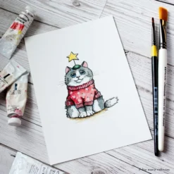 Festive Feline Cat Watercolour And Ink Illustration - Red Christmas Jumper
