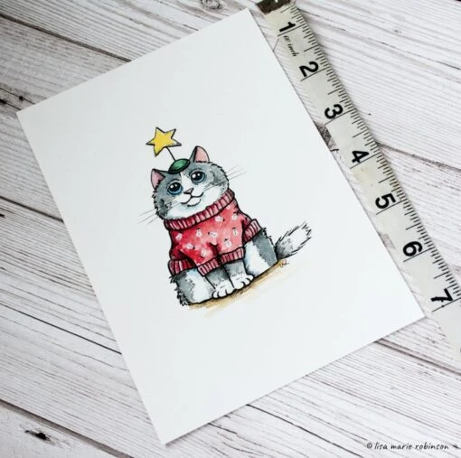 Festive Feline Cat Watercolour And Ink Illustration - Red Christmas Jumper -Christmas Homeware & Accessories Shop featureditemlargei 2245