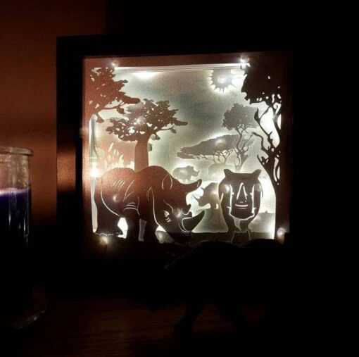 Rhino Shadow Lightbox - Rhino Lightbox - 3D Picture - Christmas Gift - Shadowbox