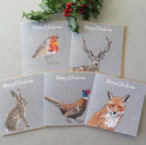 5 Christmas Cards - A Robin, Stag, Hare, Pheasant And Fox Card