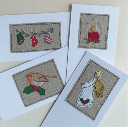 Set Of 4 Different Embroidered Christmas Cards