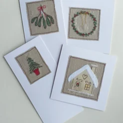 Set Of 4 Embroidered Christmas Cards
