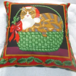A Lovely Ginger And White Tabby Cat In Christmas Basket Cushion