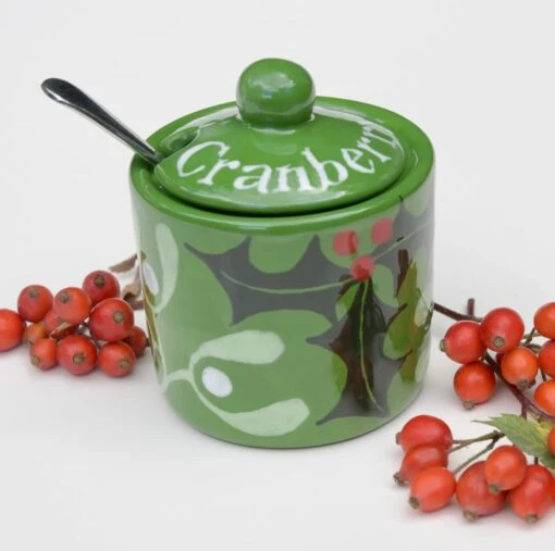 Christmas Holly & Mistletoe Cranberry Sauce Pot - Hand Painted