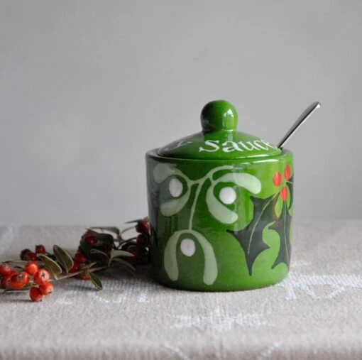 Christmas Holly & Mistletoe Cranberry Sauce Pot - Hand Painted -Christmas Homeware & Accessories Shop featureditemlargei 299