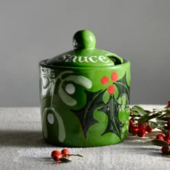 Christmas Holly & Mistletoe Cranberry Sauce Pot - Hand Painted -Christmas Homeware & Accessories Shop featureditemlargei 301