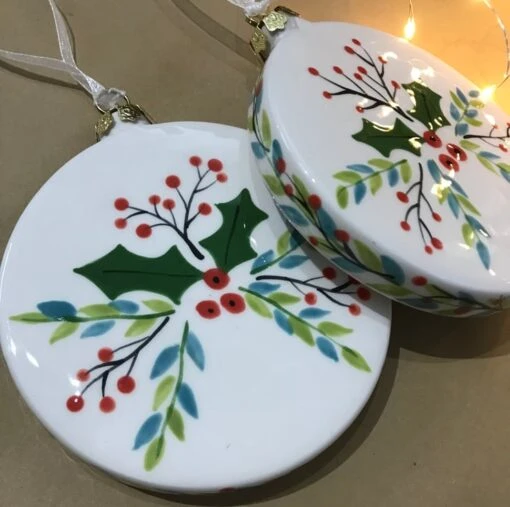 Hand Painted Flat Christmas Bauble With Holly And Berries Design -Christmas Homeware & Accessories Shop featureditemlargei 313