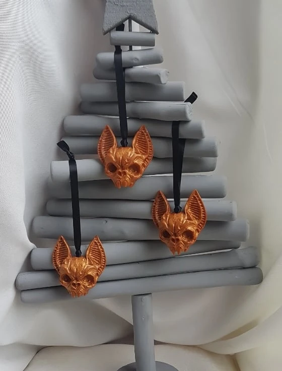 Scary Christmas - Vampire Bat Skull Hanging Decorations - Gold Tones. 1 Scary Christmas - Vampire Bat Skull Hanging Decorations - Gold Tones.