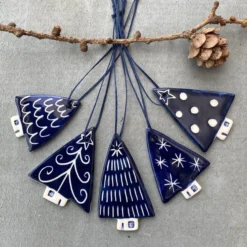 Set Of Five Ceramic Christmas Tree Decorations