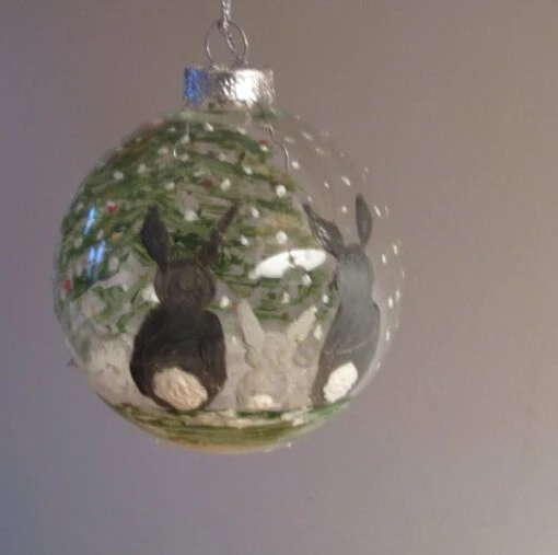 Glass Christmas Bauble, Large 'rabbits At Christmas' Hand Painted Bauble