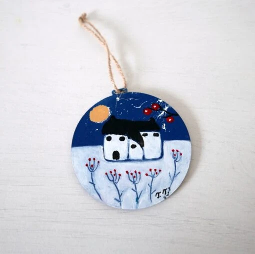 Blue Christmas Bauble, Hand-painted Hanging Decoration, Winter Landscape