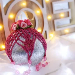 Silver And Dark Pink Crochet Lace Vintage Style Christmas Bauble, F4