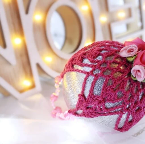 Silver And Dark Pink Crochet Lace Vintage Style Christmas Bauble, F4 -Christmas Homeware & Accessories Shop featureditemlargei 450