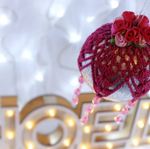 Silver And Dark Pink Crochet Lace Vintage Style Christmas Bauble, F4 -Christmas Homeware & Accessories Shop featureditemlargei 452