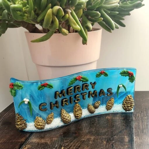 Handmade Fused Glass 3D Merry Christmas Free Standing Curved Picture Decoration -Christmas Homeware & Accessories Shop featureditemlargei 476