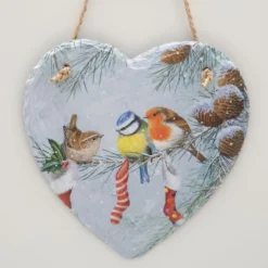 Christmas Birds Hanging Decoration, Slate Heart With Robin, Bluetit, Wren