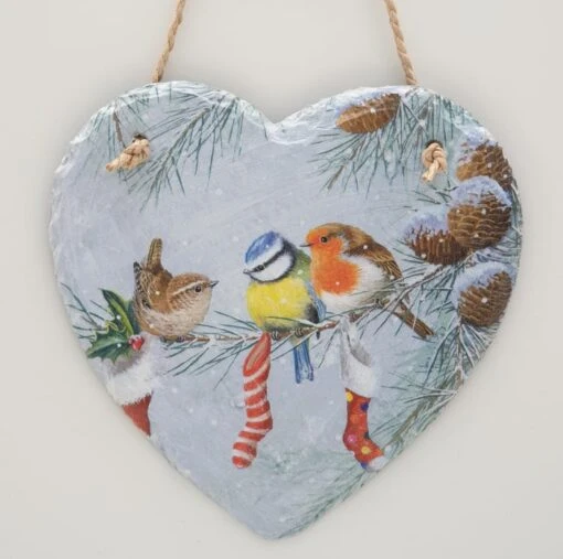 Christmas Birds Hanging Decoration, Slate Heart With Robin, Bluetit, Wren