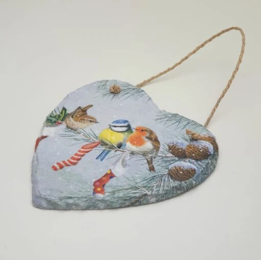 Christmas Birds Hanging Decoration, Slate Heart With Robin, Bluetit, Wren -Christmas Homeware & Accessories Shop featureditemlargei 482