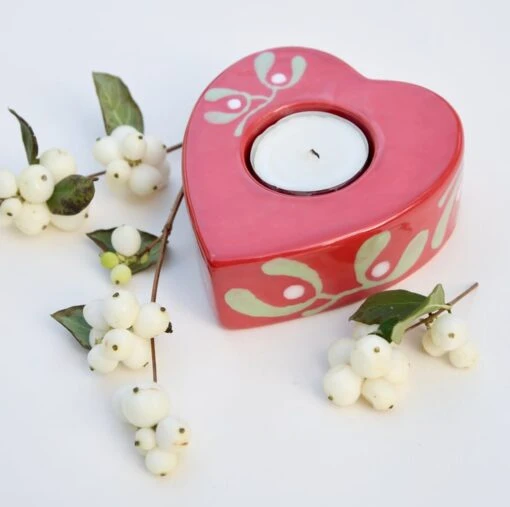 Red Mistletoe Christmas Tea Light Holder - Hand Painted