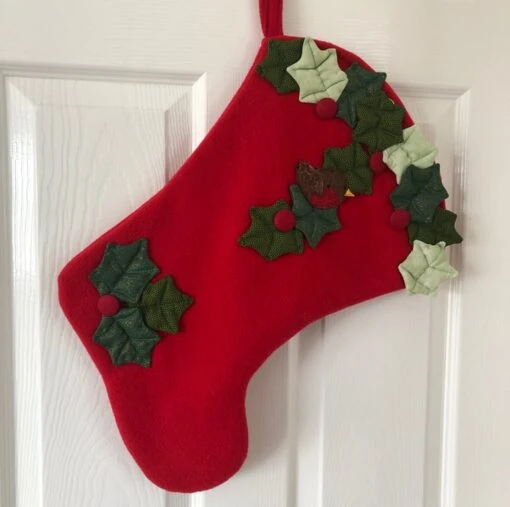 Red Felted Christmas Stocking With Fabric Holly Leaves & Robin Embellishment
