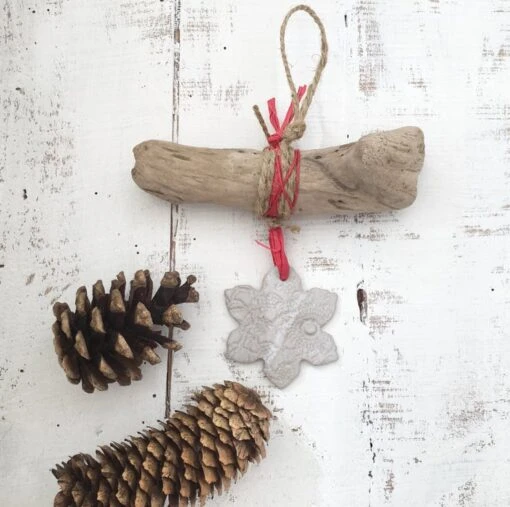 Christmas Decoration, Pottery And Driftwood, Snowflake Decoration