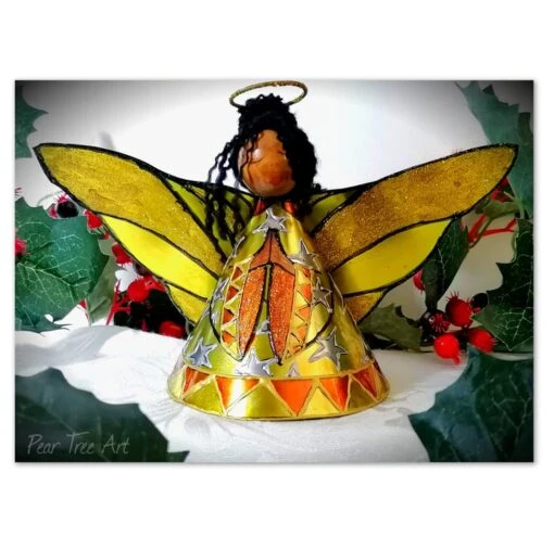Large: Yellow Tin Angel Christmas Tree Topper
