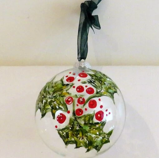 Glass Christmas Bauble, Large Holly And Berries Hand Painted Bauble