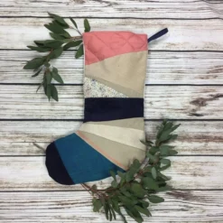 Handmade Christmas Stocking- Large Patchwork, Quilted, Punch Hook! Navy, Cream A