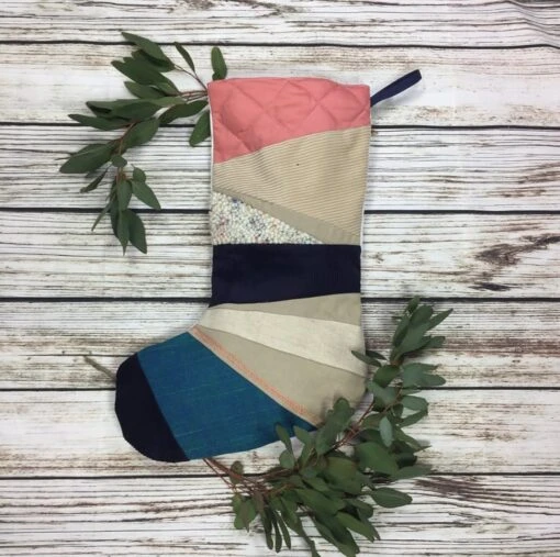 Handmade Christmas Stocking- Large Patchwork, Quilted, Punch Hook! Navy, Cream A