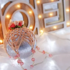 Silver And Peach Crochet Lace Vintage Style Christmas Bauble, E4