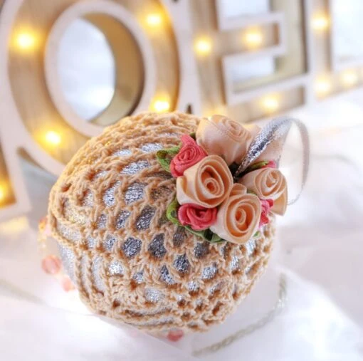 Silver And Peach Crochet Lace Vintage Style Christmas Bauble, E4 -Christmas Homeware & Accessories Shop featureditemlargei 780
