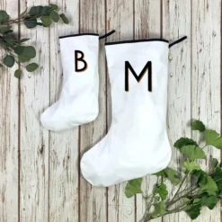 White Christmas Stockings-Holiday Decoration, Custom Initial. Xmas Alphabet