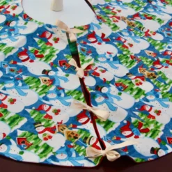 Christmas Tree Skirt With Snowman Patterned Fabric And Ribbon Ties. -Christmas Homeware & Accessories Shop featureditemlargei 846