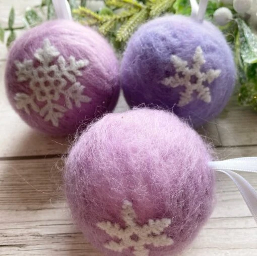 Set Of 7 Needle-felted Baubles, Christmas Snowflake Baubles