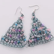 Green Christmas Tree Dangly Earrings, Crocheted Wire With Coloured Beads, 6x5cm