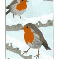 Robins Linocut Print - Birds In A Tree Art - Christmas Animal Picture