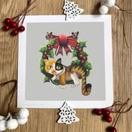 Christmas Cat On A Wreath Art Print